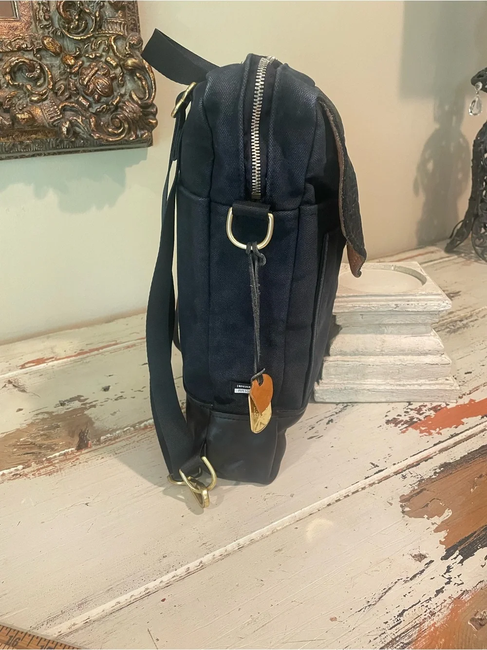 R. Riveter Navy and Black Canvas Leather-Trim Backpack